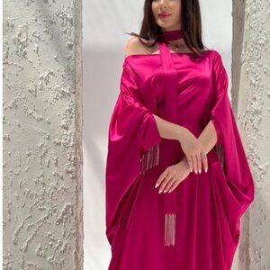 Hot Pink Silk Diamond Fringe Kaftan Abaya from Dubai with Matching Cloth Choker